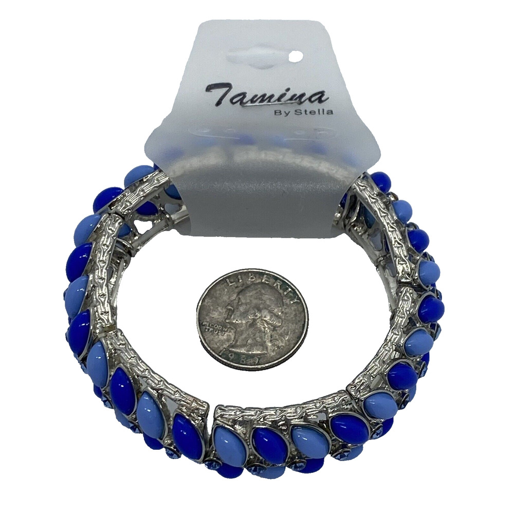 Tamina by Stella French Blue/Cobalt Blue Beaded 3" Stretch Bracelet Silver Band - Picture 10 of 10